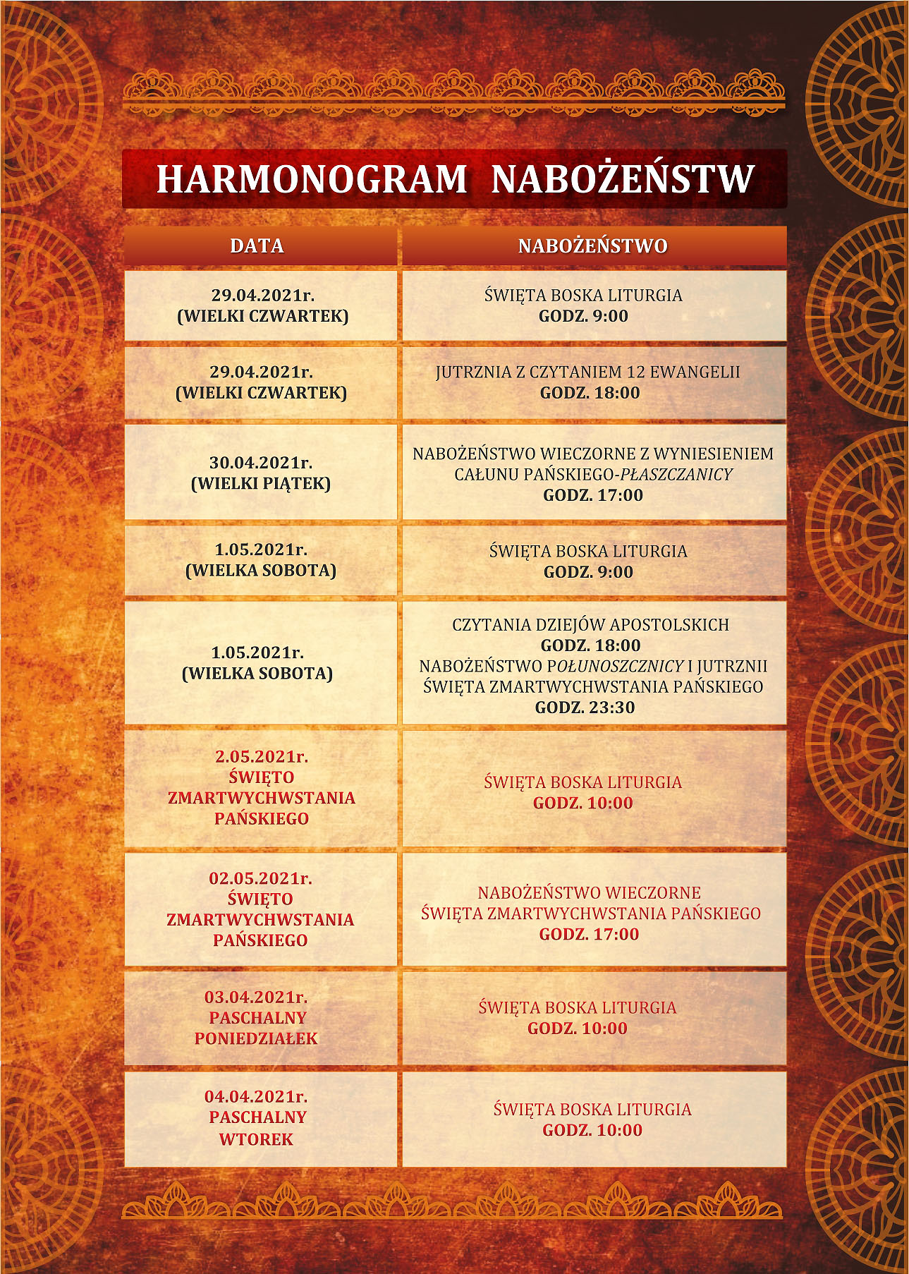 Harmonogram nabożeństw w Parafii Prawosławnej Św. Trójcy w Lubinie